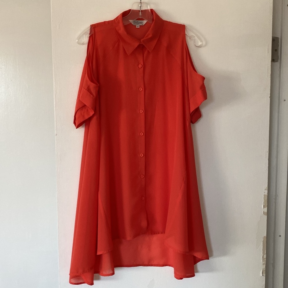 Coral Mega A Line Flare High Low Button Down Chiffon Like Cold Shoulder Top